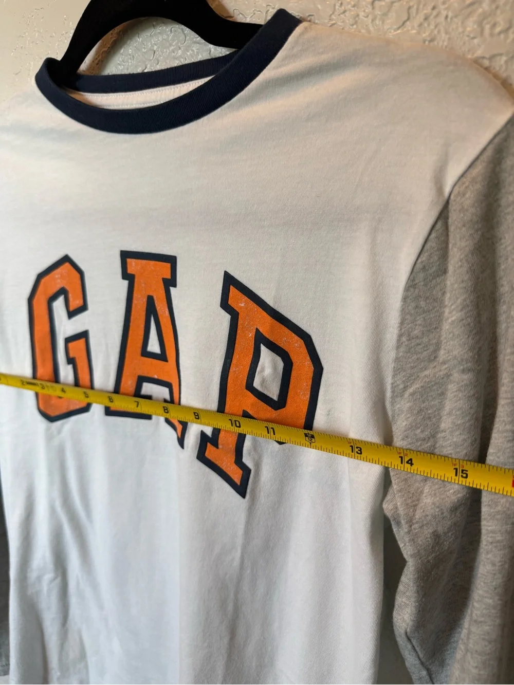 GAP White Long-Sleeve Logo Tee with Gray Sleeves and Orange Letters
